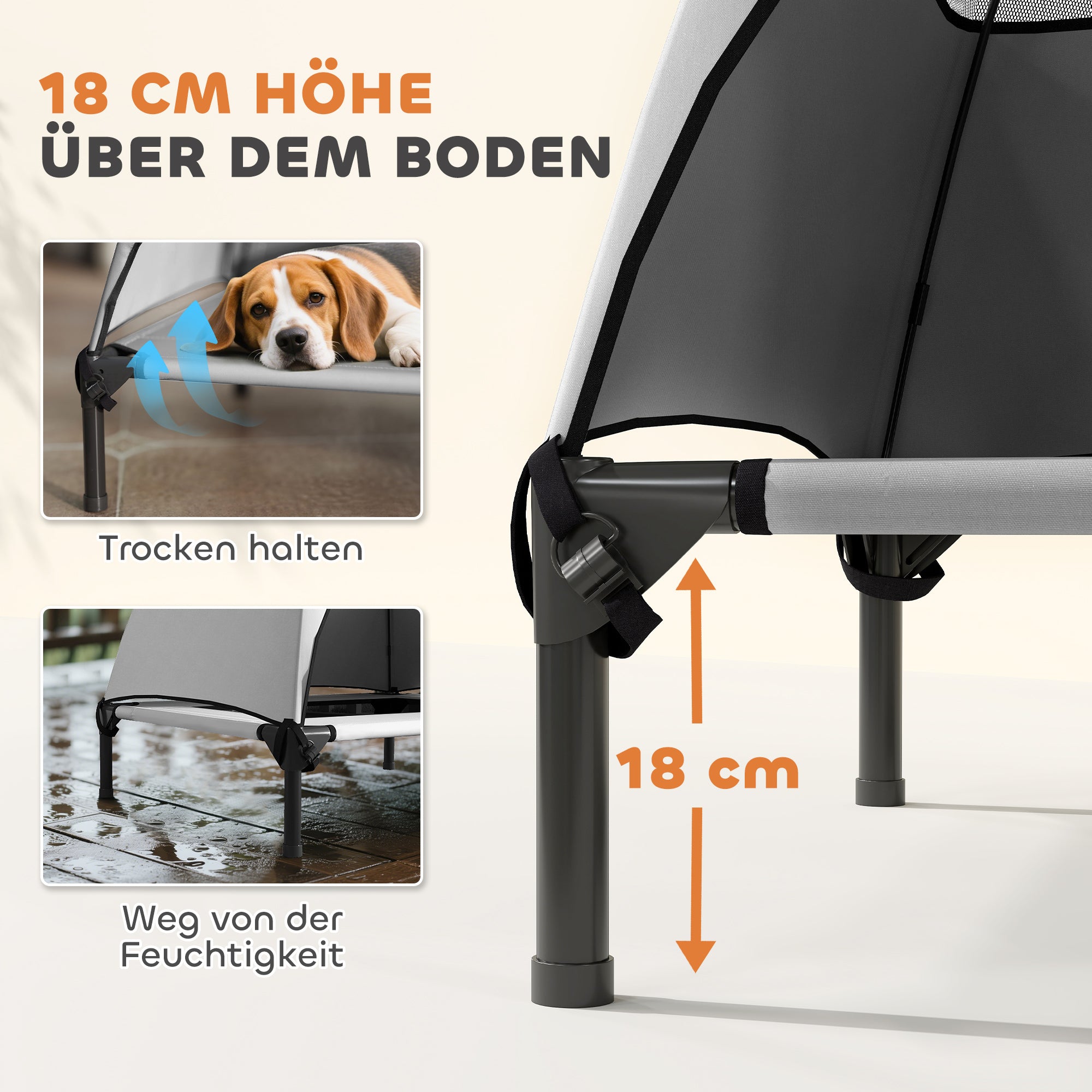 Outdoor Dog Lounge with Roof, Elevated Dog Bed for Medium Dogs, Cooling Pet Lounge with Washable Mesh Metal Frame Carry Bag, Pet Bed for Outdoor Camping 76x61x71cm, Light Grey