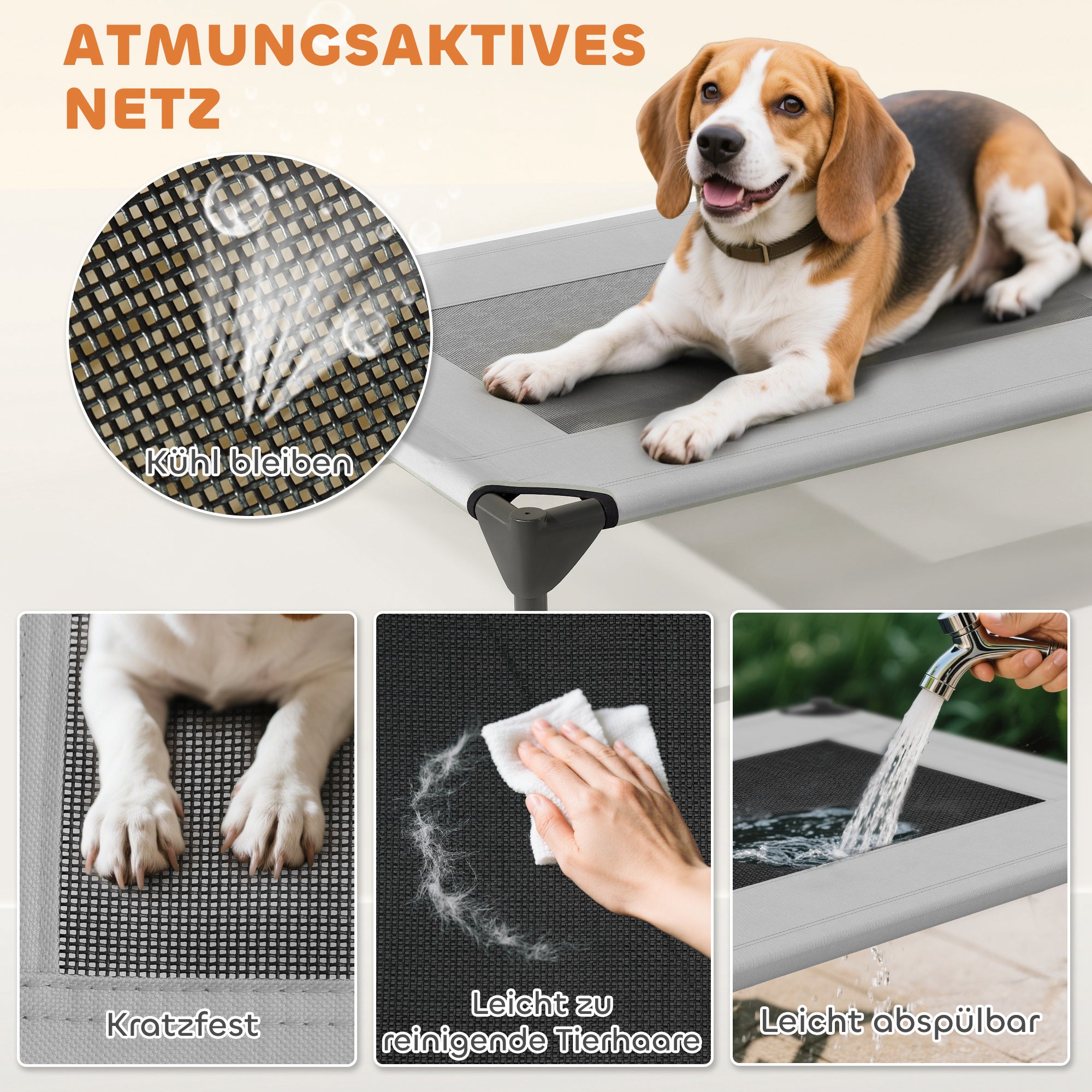 Outdoor Dog Lounge with Roof, Elevated Dog Bed for Medium Dogs, Cooling Pet Lounge with Washable Mesh Metal Frame Carry Bag, Pet Bed for Outdoor Camping 76x61x71cm, Light Grey