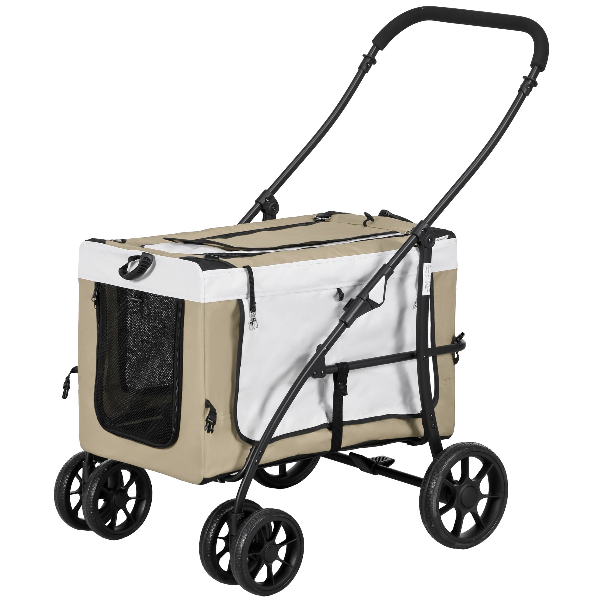 2 in 1 Dog Stroller Pet Stroller Foldable for Dogs & Cats up to 10 kg Cat Stroller with Cushion Mesh Windows Doors Storage Basket Cat Carriage Buggy Khaki
