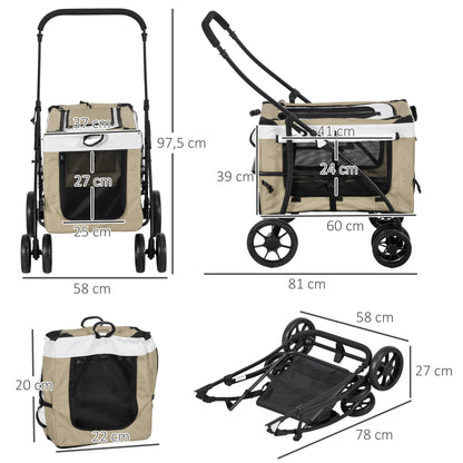 2 in 1 Dog Stroller Pet Stroller Foldable for Dogs & Cats up to 10 kg Cat Stroller with Cushion Mesh Windows Doors Storage Basket Cat Carriage Buggy Khaki