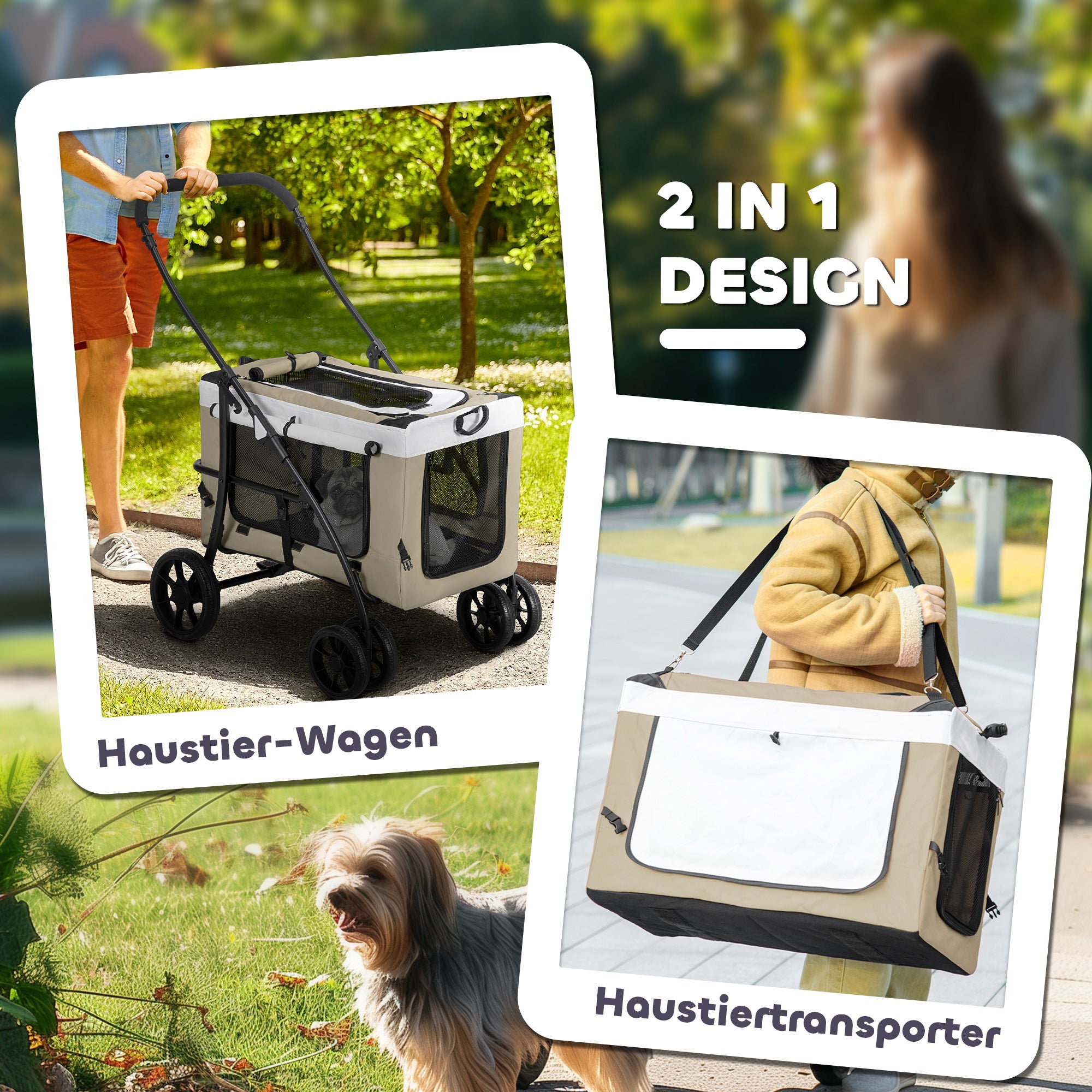 2 in 1 Dog Stroller Pet Stroller Foldable for Dogs & Cats up to 10 kg Cat Stroller with Cushion Mesh Windows Doors Storage Basket Cat Carriage Buggy Khaki