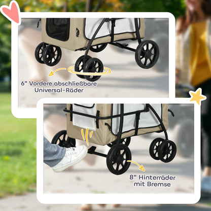 2 in 1 Dog Stroller Pet Stroller Foldable for Dogs & Cats up to 10 kg Cat Stroller with Cushion Mesh Windows Doors Storage Basket Cat Carriage Buggy Khaki