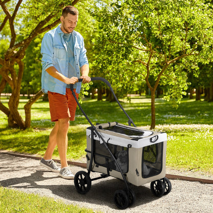 2 in 1 Dog Stroller Pet Stroller Foldable for Dogs & Cats up to 10 kg Cat Stroller with Cushion Mesh Windows Doors Storage Basket Cat Carriage Buggy Khaki