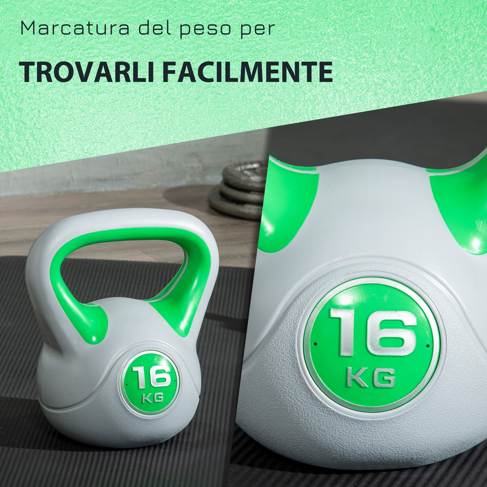 SPORTNOW 16kg PU and Sand Kettlebell with Flat Base and Practical Handle for Deadlifts, Squats, and Lifts, 26x18x32 cm, Green