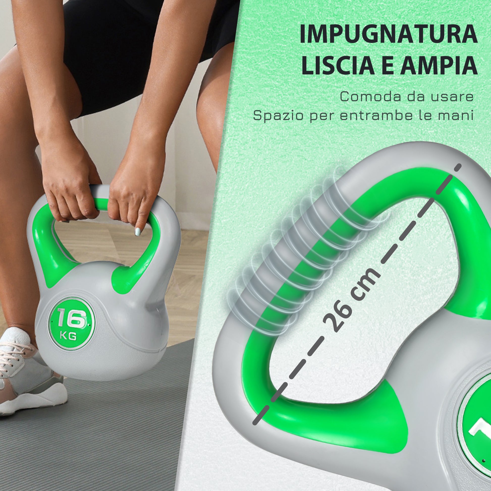 SPORTNOW 16kg PU and Sand Kettlebell with Flat Base and Practical Handle for Deadlifts, Squats, and Lifts, 26x18x32 cm, Green