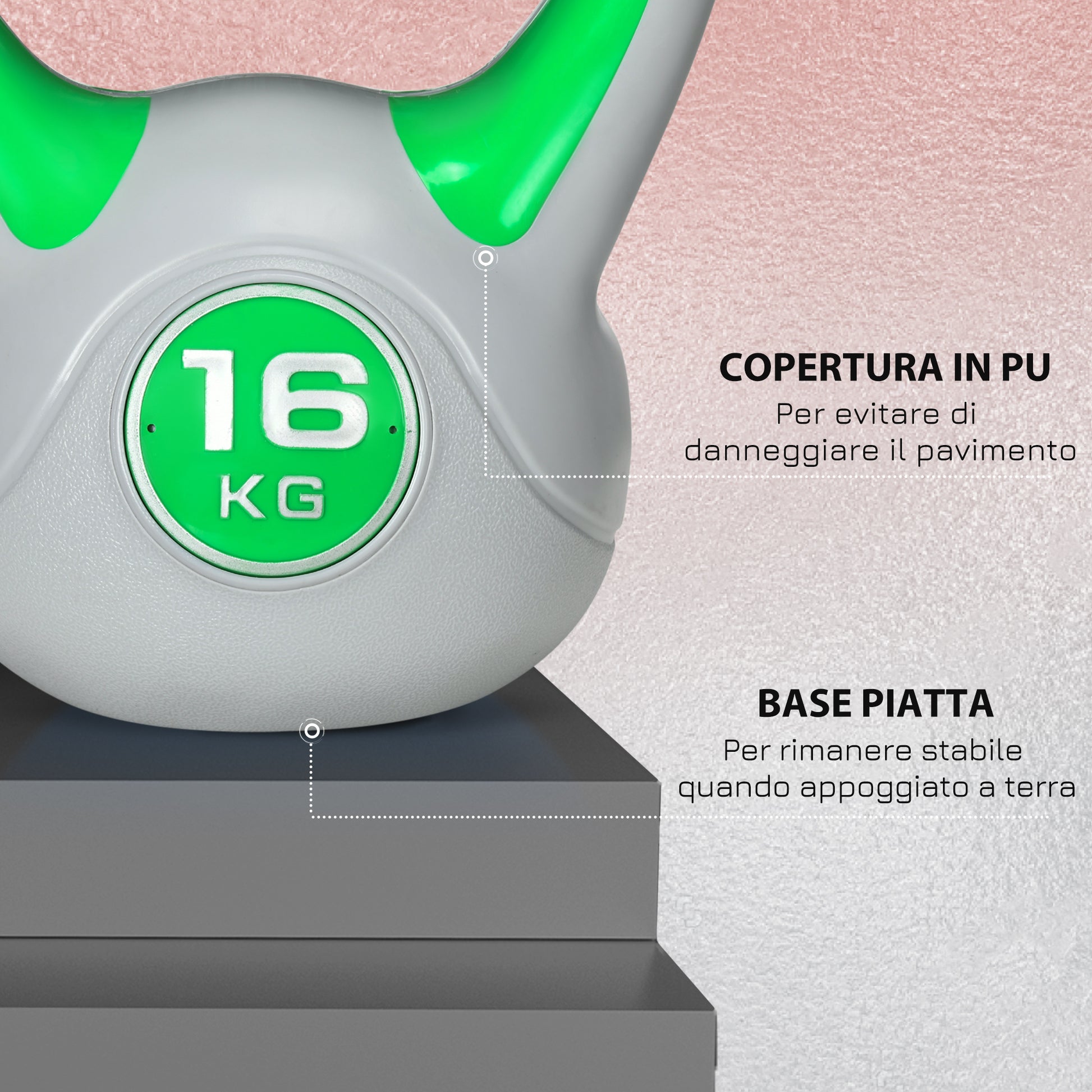 SPORTNOW 16kg PU and Sand Kettlebell with Flat Base and Practical Handle for Deadlifts, Squats, and Lifts, 26x18x32 cm, Green