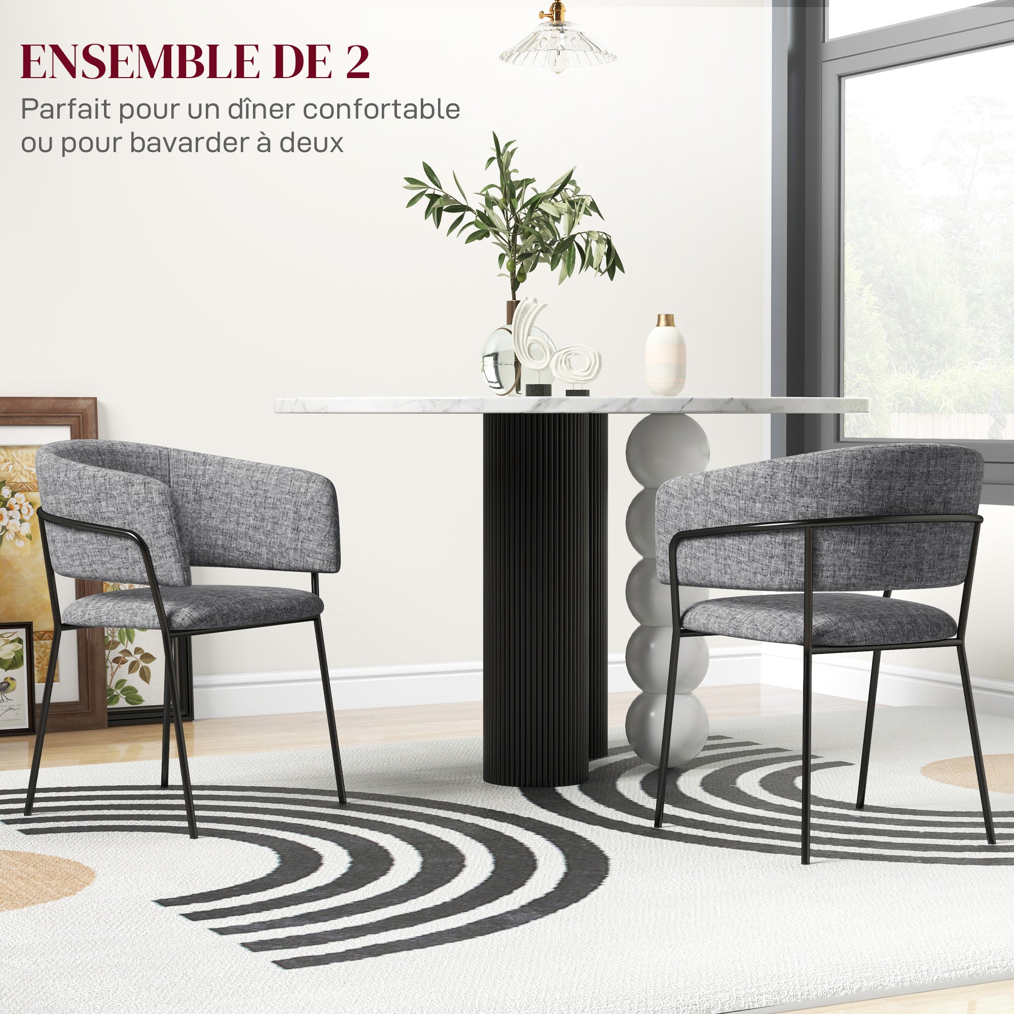 Set of 2 Dining Chairs Kitchen Chair with Steel Legs, Padded Seat, for Dining Room, Living Room, Kitchen, dim. 57L x 53W x 73H cm Grey