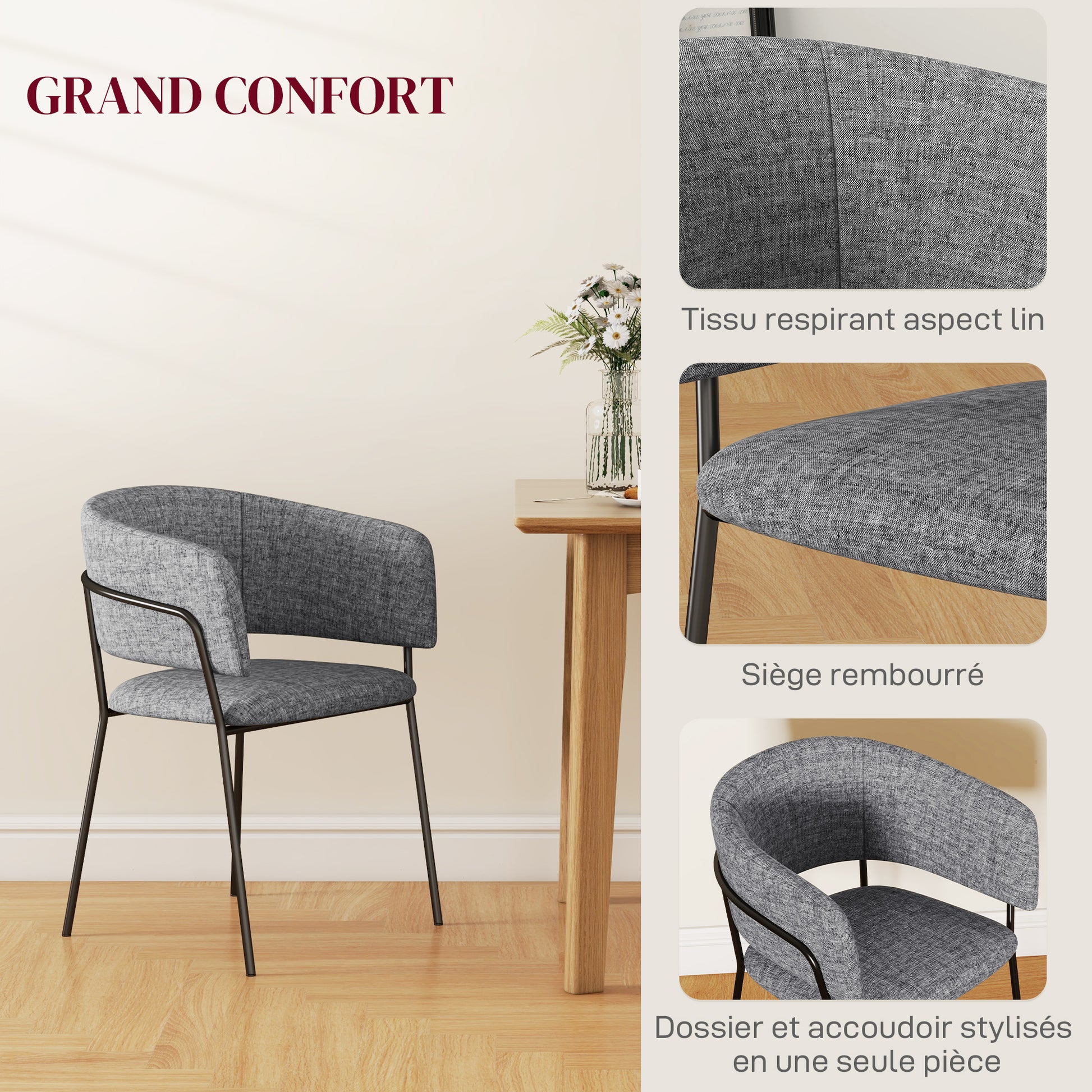 Set of 2 Dining Chairs Kitchen Chair with Steel Legs, Padded Seat, for Dining Room, Living Room, Kitchen, dim. 57L x 53W x 73H cm Grey