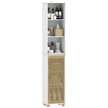 Bathroom Column, Bathroom Storage Furniture, Storage Cabinet with Bamboo Slatted Door and Open Compartments, Tall Cabinet for Living Room, Kitchen - 35 x 26 x 173 cm, white