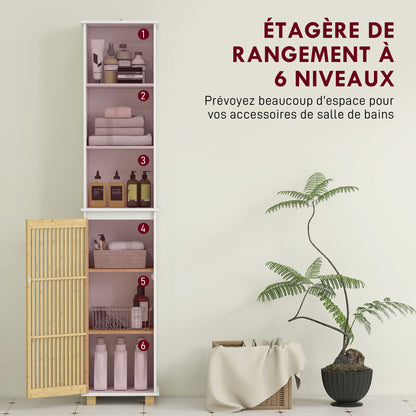 Bathroom Column, Bathroom Storage Furniture, Storage Cabinet with Bamboo Slatted Door and Open Compartments, Tall Cabinet for Living Room, Kitchen - 35 x 26 x 173 cm, white