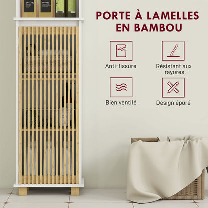 Bathroom Column, Bathroom Storage Furniture, Storage Cabinet with Bamboo Slatted Door and Open Compartments, Tall Cabinet for Living Room, Kitchen - 35 x 26 x 173 cm, white