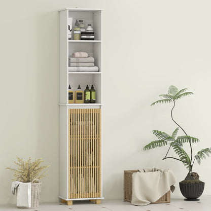 Bathroom Column, Bathroom Storage Furniture, Storage Cabinet with Bamboo Slatted Door and Open Compartments, Tall Cabinet for Living Room, Kitchen - 35 x 26 x 173 cm, white