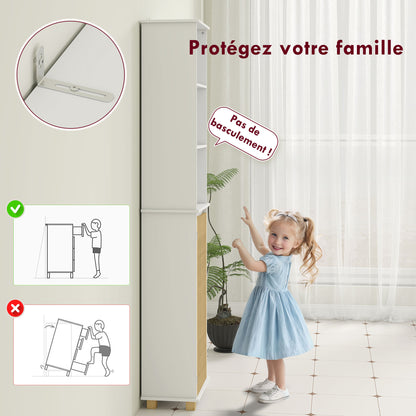 Bathroom Column, Bathroom Storage Furniture, Storage Cabinet with Bamboo Slatted Door and Open Compartments, Tall Cabinet for Living Room, Kitchen - 35 x 26 x 173 cm, white