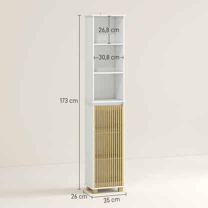 Bathroom Column, Bathroom Storage Furniture, Storage Cabinet with Bamboo Slatted Door and Open Compartments, Tall Cabinet for Living Room, Kitchen - 35 x 26 x 173 cm, white