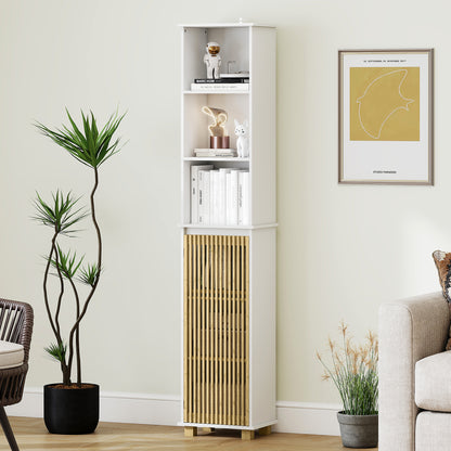 Bathroom Column, Bathroom Storage Furniture, Storage Cabinet with Bamboo Slatted Door and Open Compartments, Tall Cabinet for Living Room, Kitchen - 35 x 26 x 173 cm, white