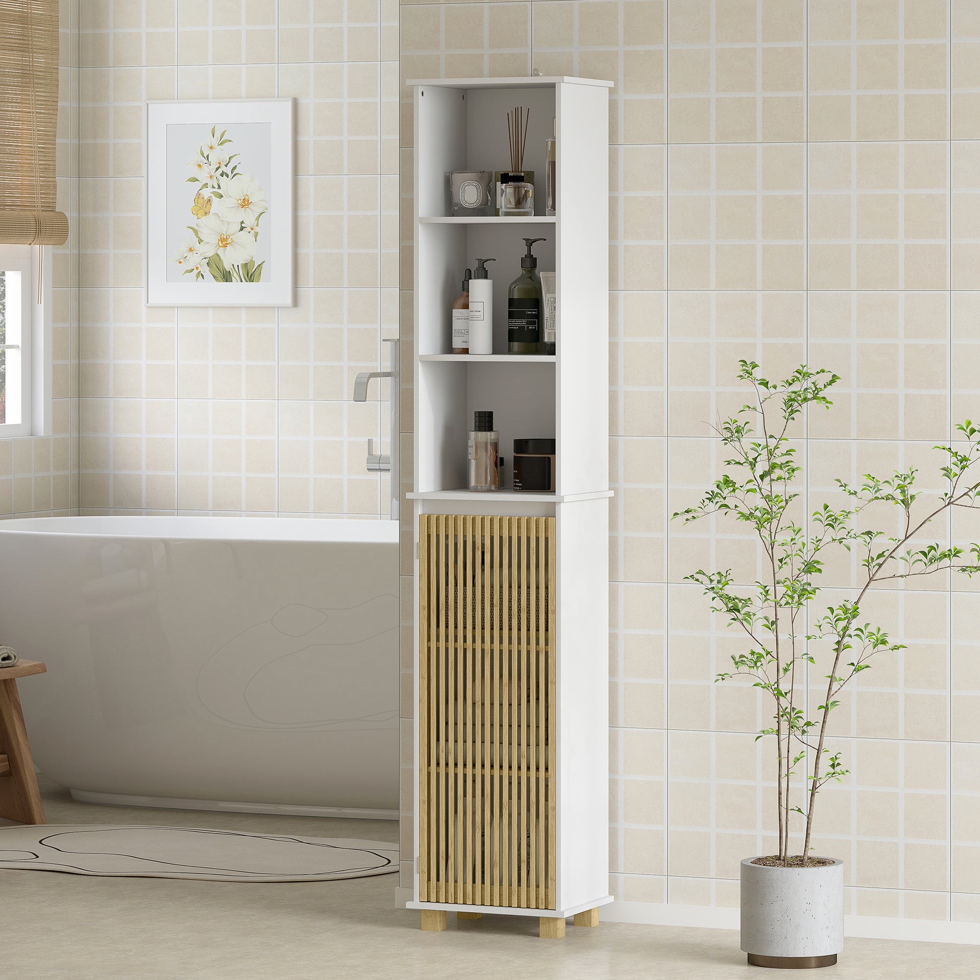 Bathroom Column, Bathroom Storage Furniture, Storage Cabinet with Bamboo Slatted Door and Open Compartments, Tall Cabinet for Living Room, Kitchen - 35 x 26 x 173 cm, white