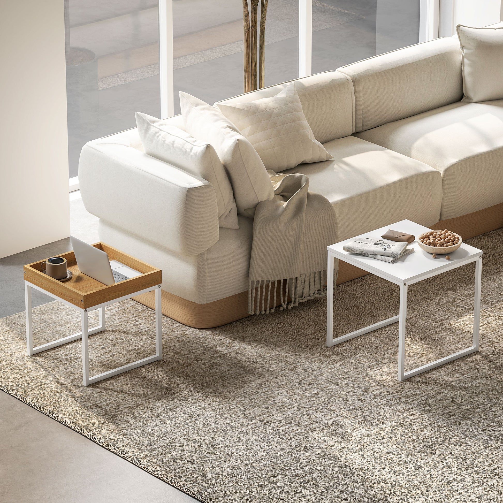 2-Piece Coffee Table Set, Square Side Table, Coffee Table with Steel Frame, Sofa Table in Modern Design, for Living Room, up to 30 kg Load Capacity, White+Oak