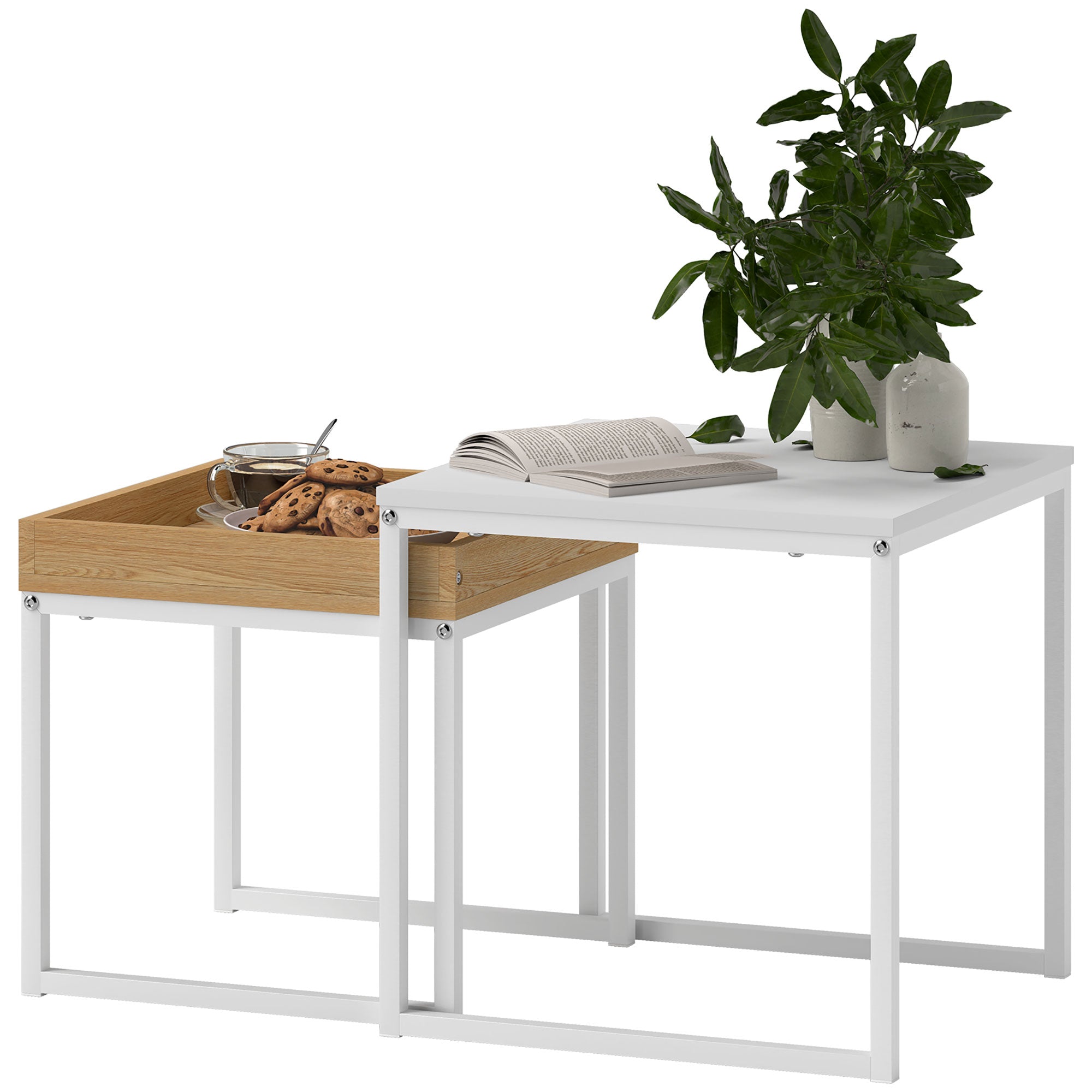 2-Piece Coffee Table Set, Square Side Table, Coffee Table with Steel Frame, Sofa Table in Modern Design, for Living Room, up to 30 kg Load Capacity, White+Oak