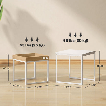 2-Piece Coffee Table Set, Square Side Table, Coffee Table with Steel Frame, Sofa Table in Modern Design, for Living Room, up to 30 kg Load Capacity, White+Oak