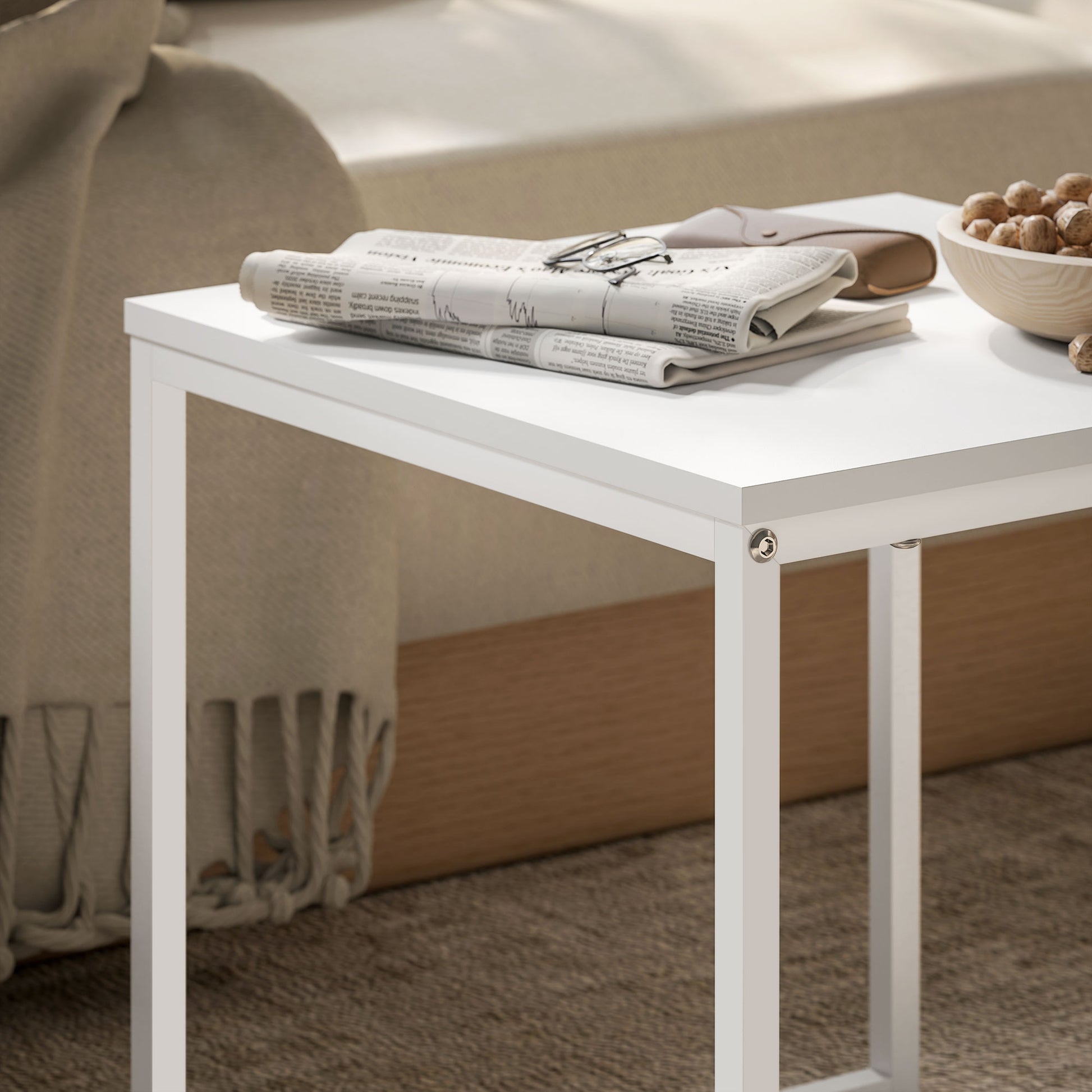 2-Piece Coffee Table Set, Square Side Table, Coffee Table with Steel Frame, Sofa Table in Modern Design, for Living Room, up to 30 kg Load Capacity, White+Oak