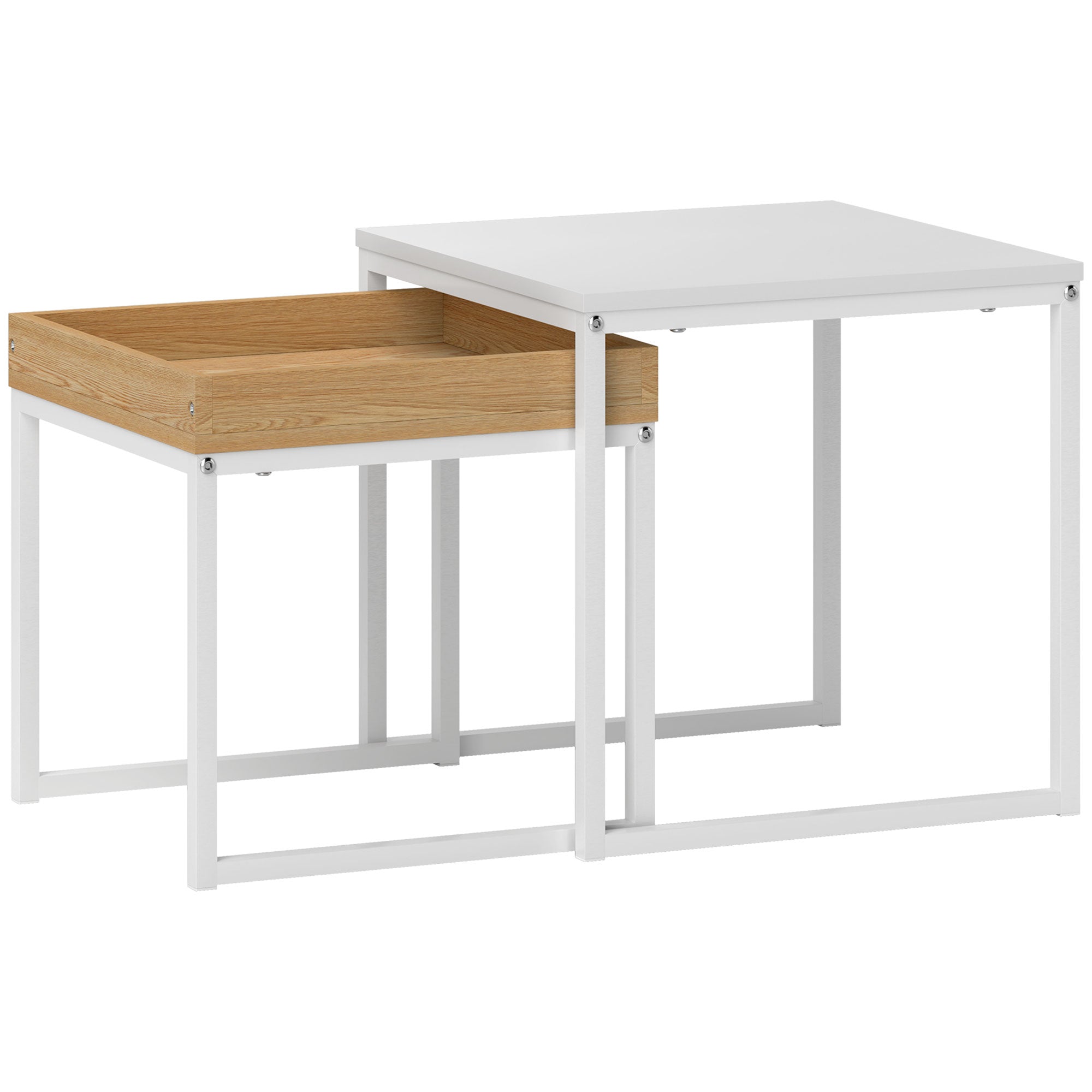 2-Piece Coffee Table Set, Square Side Table, Coffee Table with Steel Frame, Sofa Table in Modern Design, for Living Room, up to 30 kg Load Capacity, White+Oak
