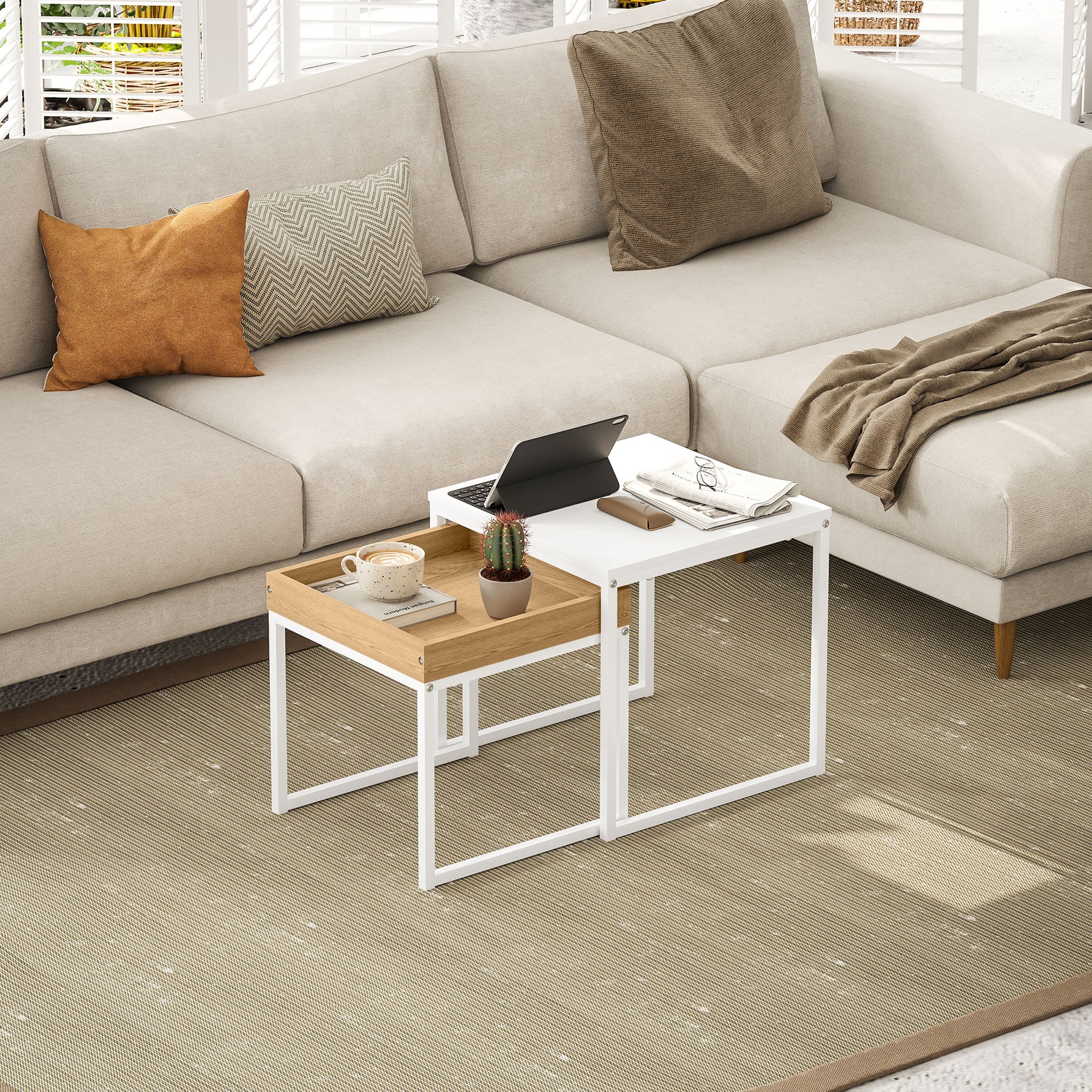 2-Piece Coffee Table Set, Square Side Table, Coffee Table with Steel Frame, Sofa Table in Modern Design, for Living Room, up to 30 kg Load Capacity, White+Oak