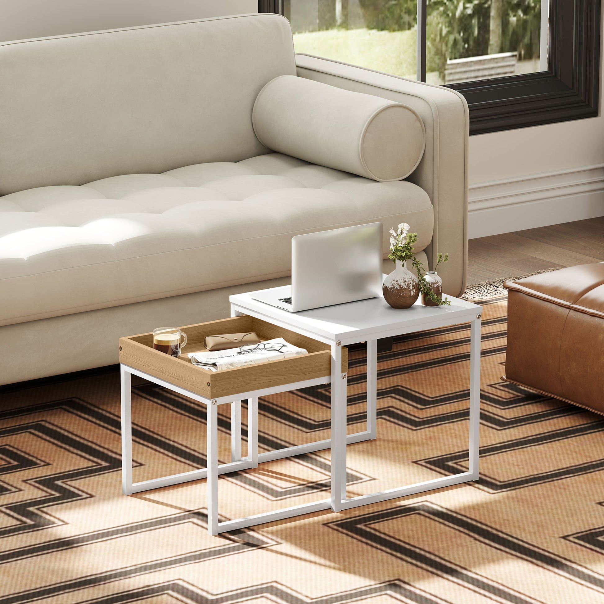 2-Piece Coffee Table Set, Square Side Table, Coffee Table with Steel Frame, Sofa Table in Modern Design, for Living Room, up to 30 kg Load Capacity, White+Oak