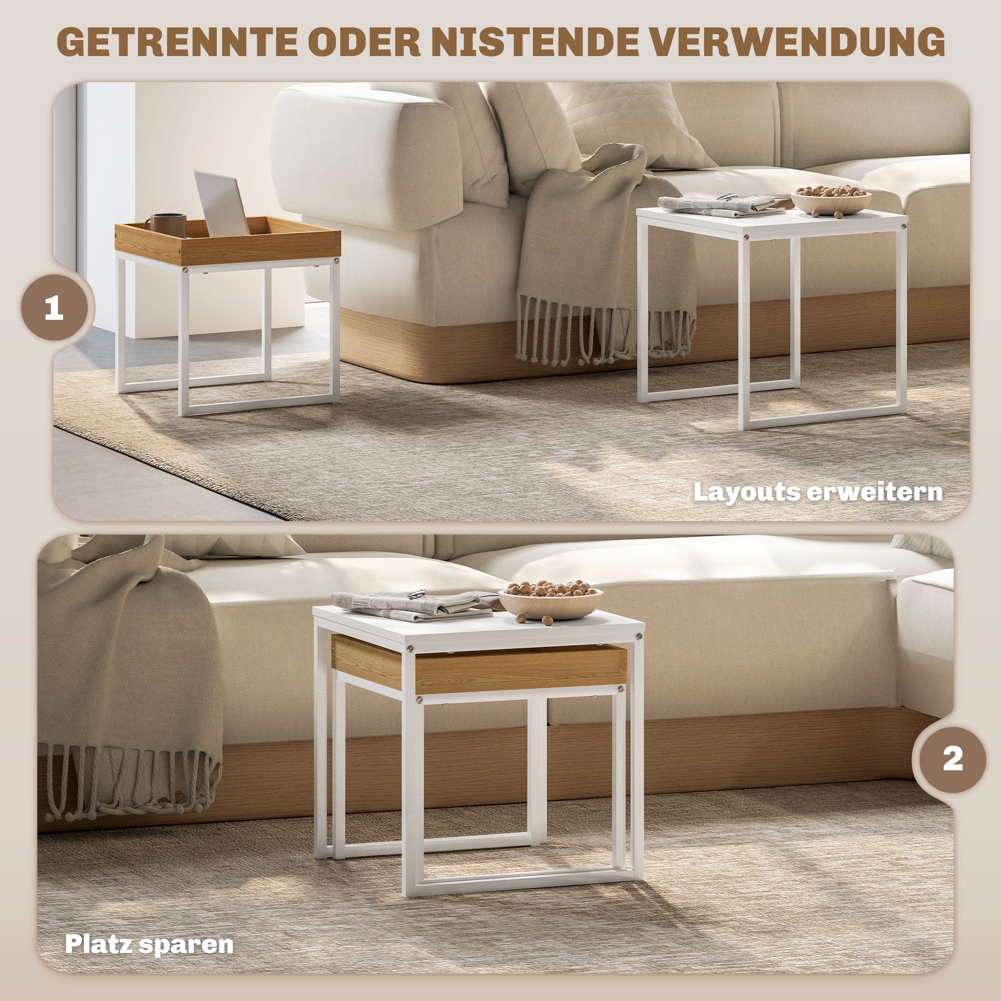 2-Piece Coffee Table Set, Square Side Table, Coffee Table with Steel Frame, Sofa Table in Modern Design, for Living Room, up to 30 kg Load Capacity, White+Oak
