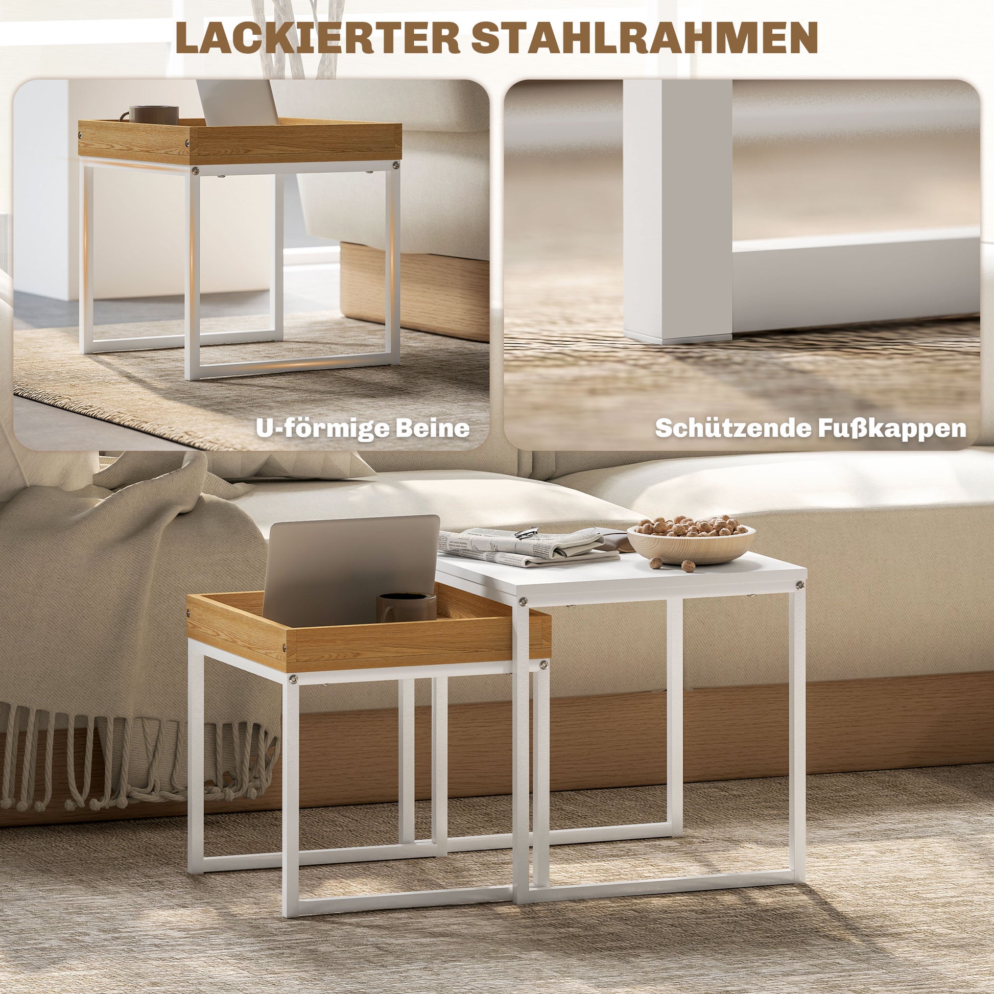 2-Piece Coffee Table Set, Square Side Table, Coffee Table with Steel Frame, Sofa Table in Modern Design, for Living Room, up to 30 kg Load Capacity, White+Oak