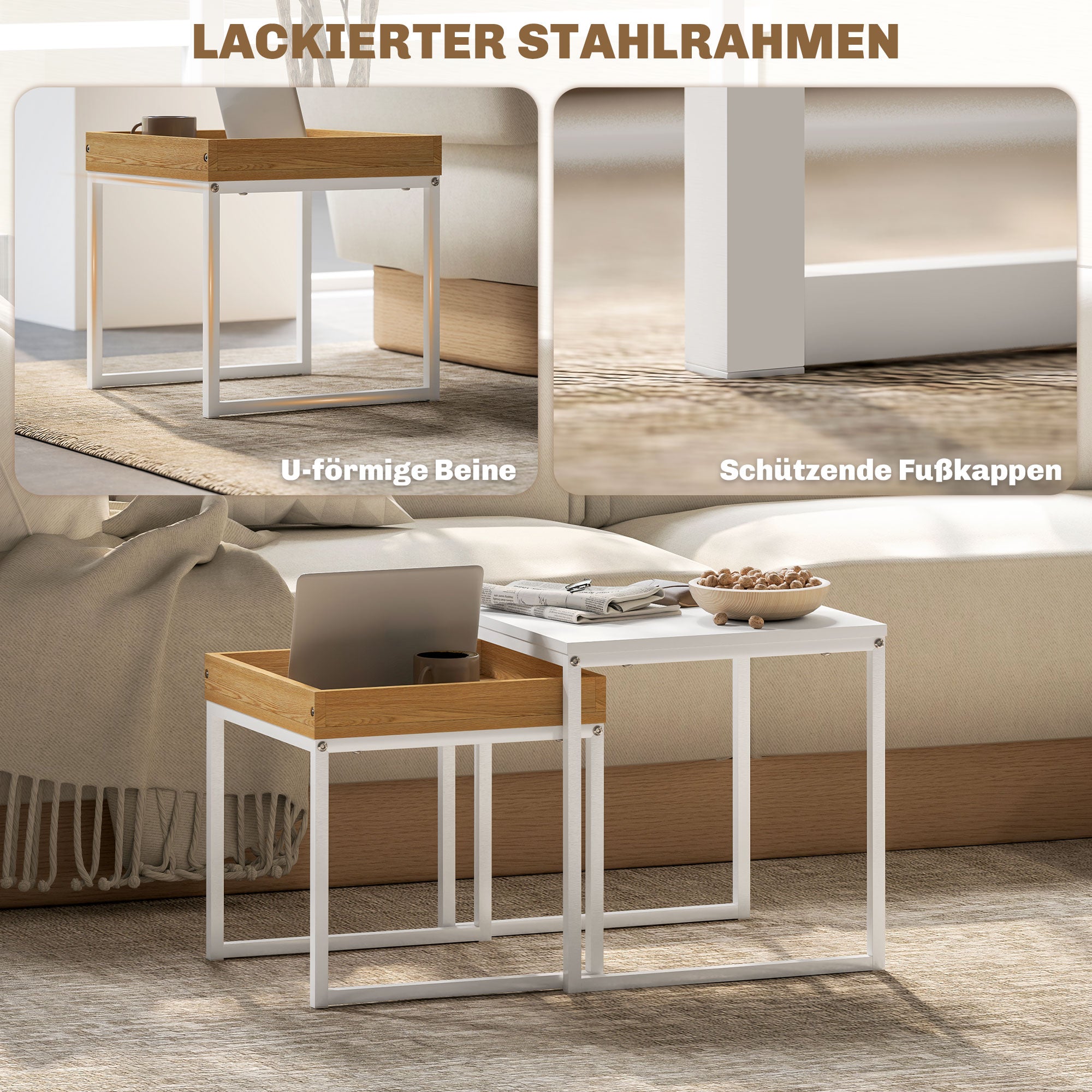 2-Piece Coffee Table Set, Square Side Table, Coffee Table with Steel Frame, Sofa Table in Modern Design, for Living Room, up to 30 kg Load Capacity, White+Oak