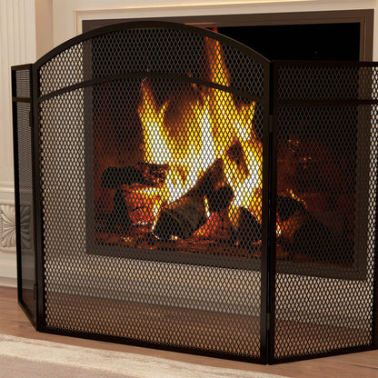 Fireplace Screen, Folding Spark Guard with 3 Panels, Hearth Safety Screen for Living Room, Metal, 96 x 60 cm, Black