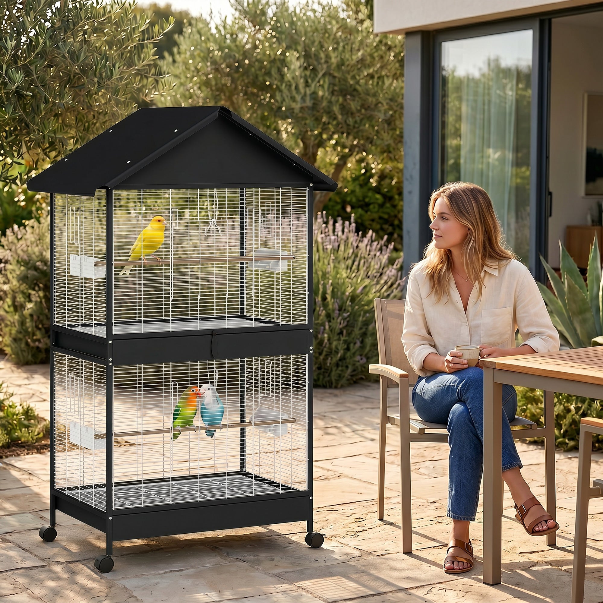 Large Bird Aviary with Removable Divider, 2 Doors, 4 Wooden Perches, Wheels, 2 Trays & 6 Feeders – XXL Cage for Budgies, Cockatiels, Canaries (94 x 70 x 158 cm / 37 x 27.6 x 62.2 in)
