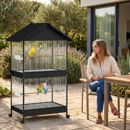 Large Bird Aviary with Removable Divider, 2 Doors, 4 Wooden Perches, Wheels, 2 Trays & 6 Feeders – XXL Cage for Budgies, Cockatiels, Canaries (94 x 70 x 158 cm / 37 x 27.6 x 62.2 in)