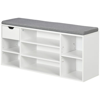 Shoe Bench Shoe Rack with Seat Cushion, Adjustable Shelves, Open Compartments and Drawer, Entryway Bench, Hallway, Bedroom, 101 x 29 x 47.5 cm, White and Gray