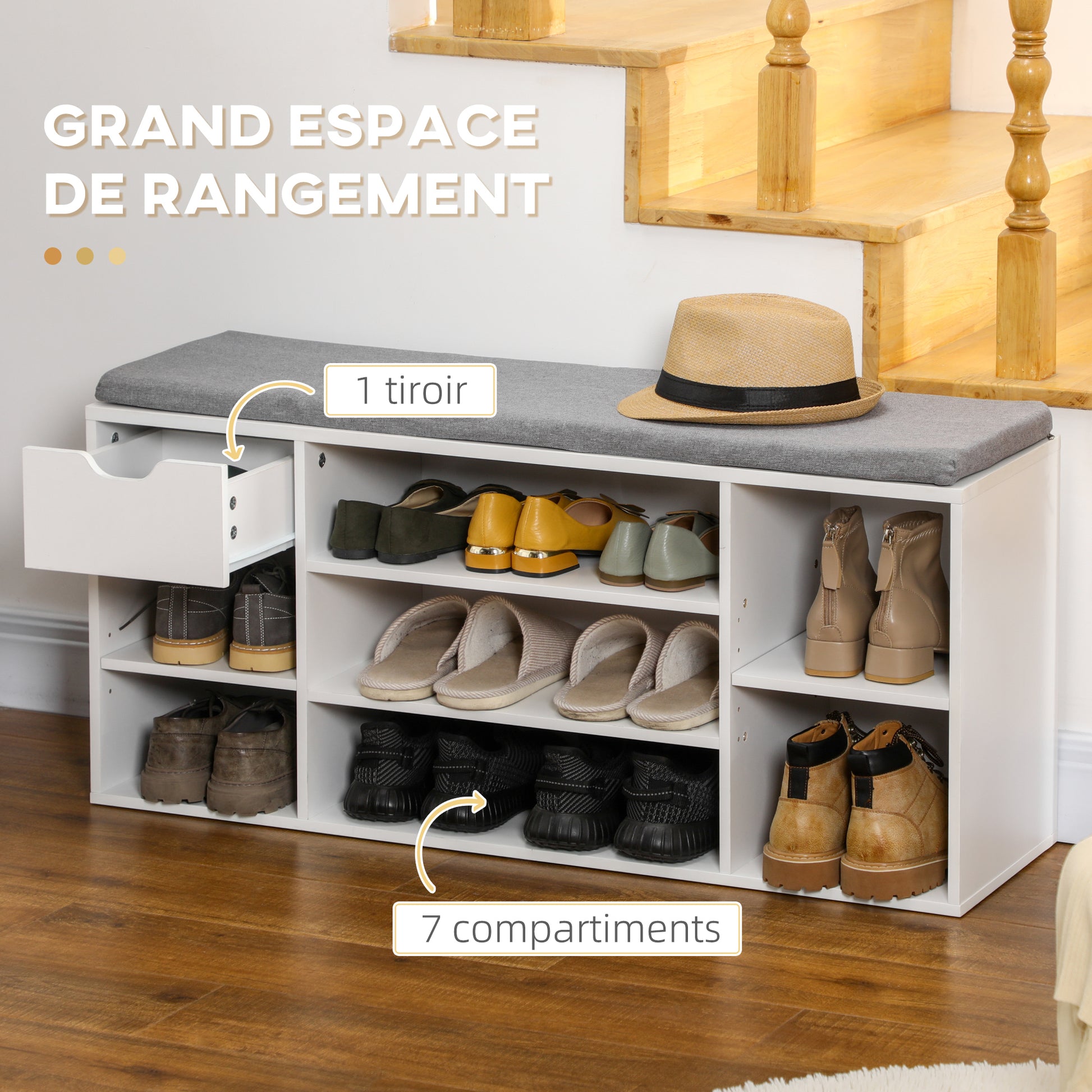 Shoe Bench Shoe Rack with Seat Cushion, Adjustable Shelves, Open Compartments and Drawer, Entryway Bench, Hallway, Bedroom, 101 x 29 x 47.5 cm, White and Gray