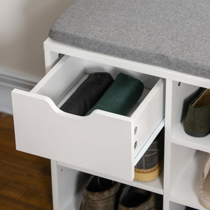 Shoe Bench Shoe Rack with Seat Cushion, Adjustable Shelves, Open Compartments and Drawer, Entryway Bench, Hallway, Bedroom, 101 x 29 x 47.5 cm, White and Gray