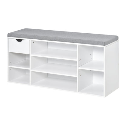 Shoe Bench Shoe Rack with Seat Cushion, Adjustable Shelves, Open Compartments and Drawer, Entryway Bench, Hallway, Bedroom, 101 x 29 x 47.5 cm, White and Gray