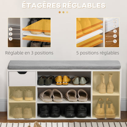 Shoe Bench Shoe Rack with Seat Cushion, Adjustable Shelves, Open Compartments and Drawer, Entryway Bench, Hallway, Bedroom, 101 x 29 x 47.5 cm, White and Gray