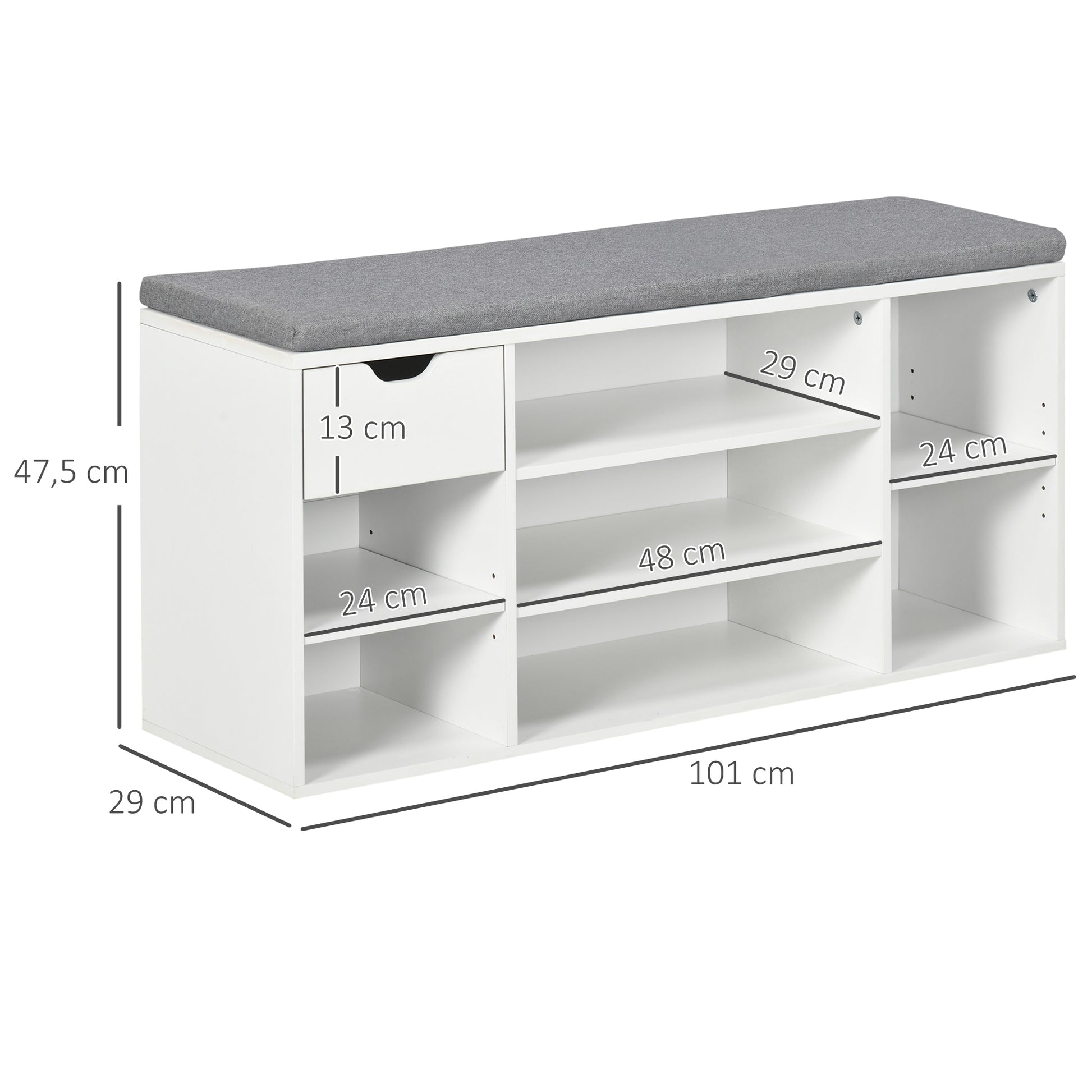 Shoe Bench Shoe Rack with Seat Cushion, Adjustable Shelves, Open Compartments and Drawer, Entryway Bench, Hallway, Bedroom, 101 x 29 x 47.5 cm, White and Gray
