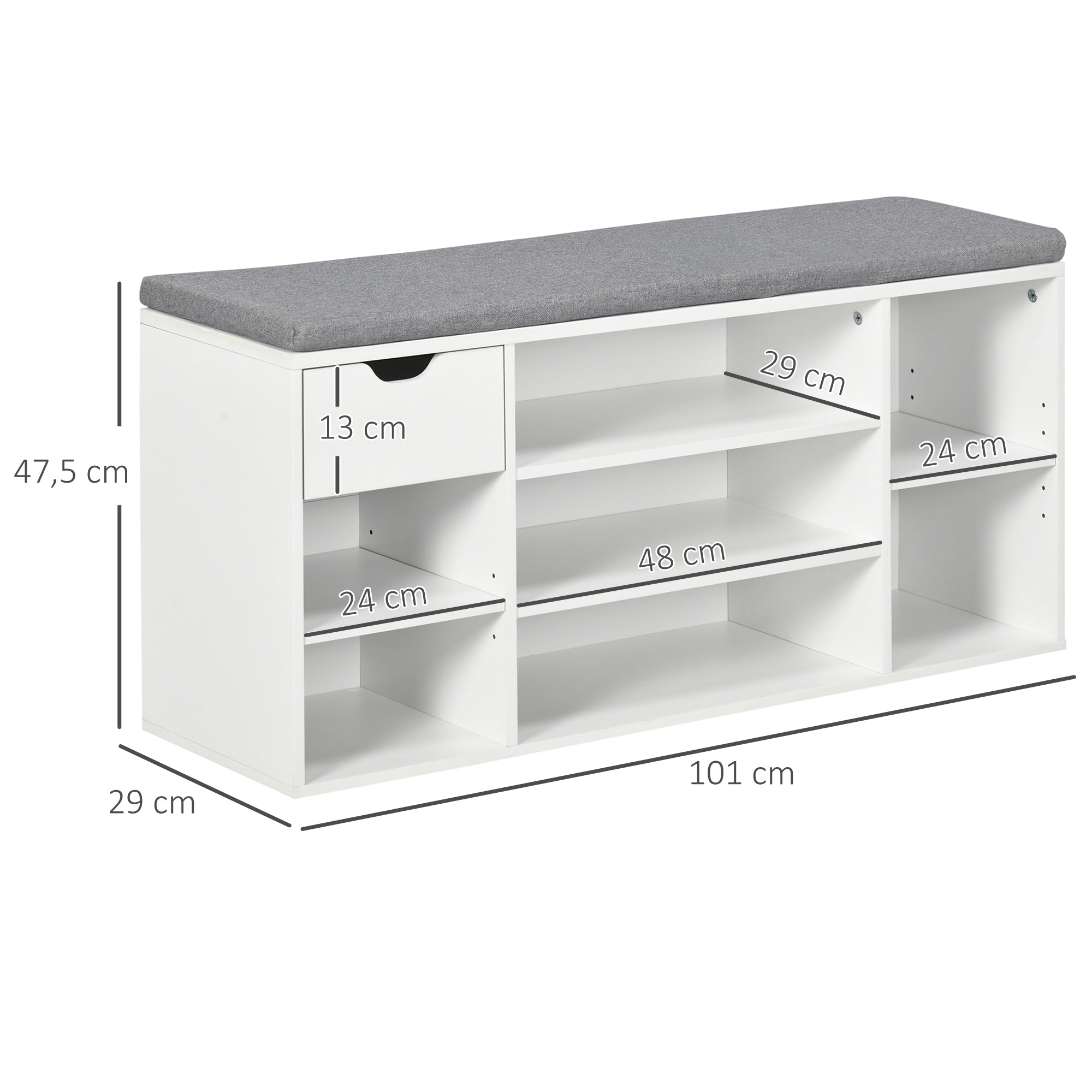 Shoe Bench Shoe Rack with Seat Cushion, Adjustable Shelves, Open Compartments and Drawer, Entryway Bench, Hallway, Bedroom, 101 x 29 x 47.5 cm, White and Gray