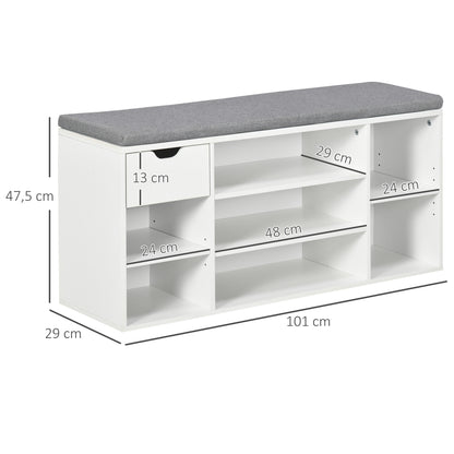 Shoe Bench Shoe Rack with Seat Cushion, Adjustable Shelves, Open Compartments and Drawer, Entryway Bench, Hallway, Bedroom, 101 x 29 x 47.5 cm, White and Gray