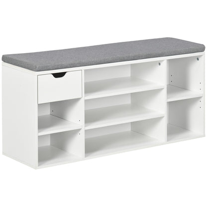 Shoe Bench Shoe Rack with Seat Cushion, Adjustable Shelves, Open Compartments and Drawer, Entryway Bench, Hallway, Bedroom, 101 x 29 x 47.5 cm, White and Gray
