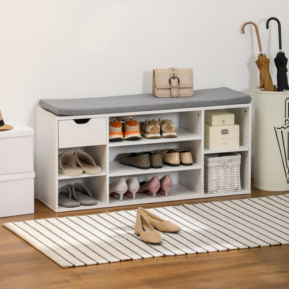 Shoe Bench Shoe Rack with Seat Cushion, Adjustable Shelves, Open Compartments and Drawer, Entryway Bench, Hallway, Bedroom, 101 x 29 x 47.5 cm, White and Gray