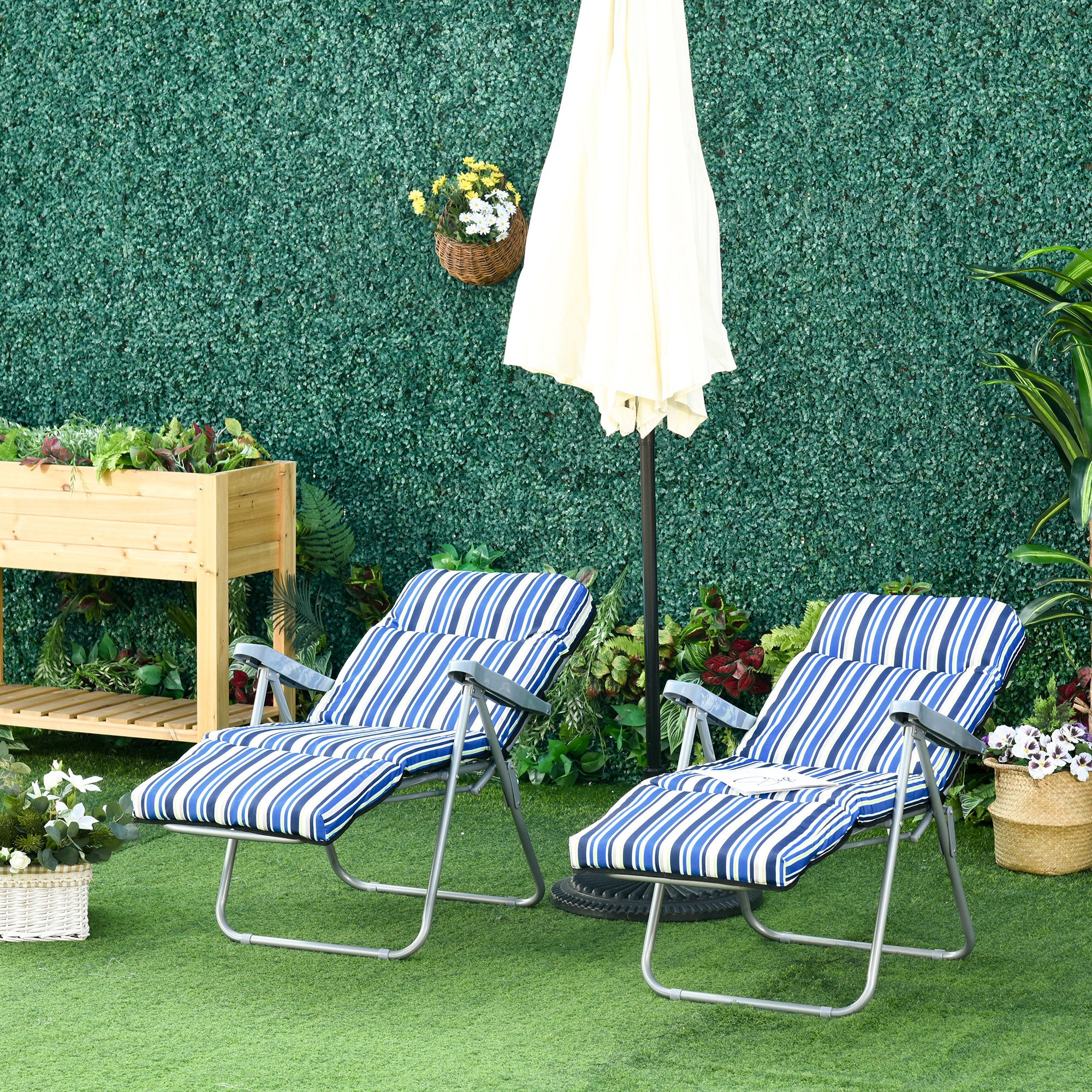2-Piece Sun Lounger Set with Cushion Foldable Sunbed 5-Position Adjustable Backrest Garden Lounger Garden Furniture Set Steel Polyester Blue 60 x 75 x 65-102 cm