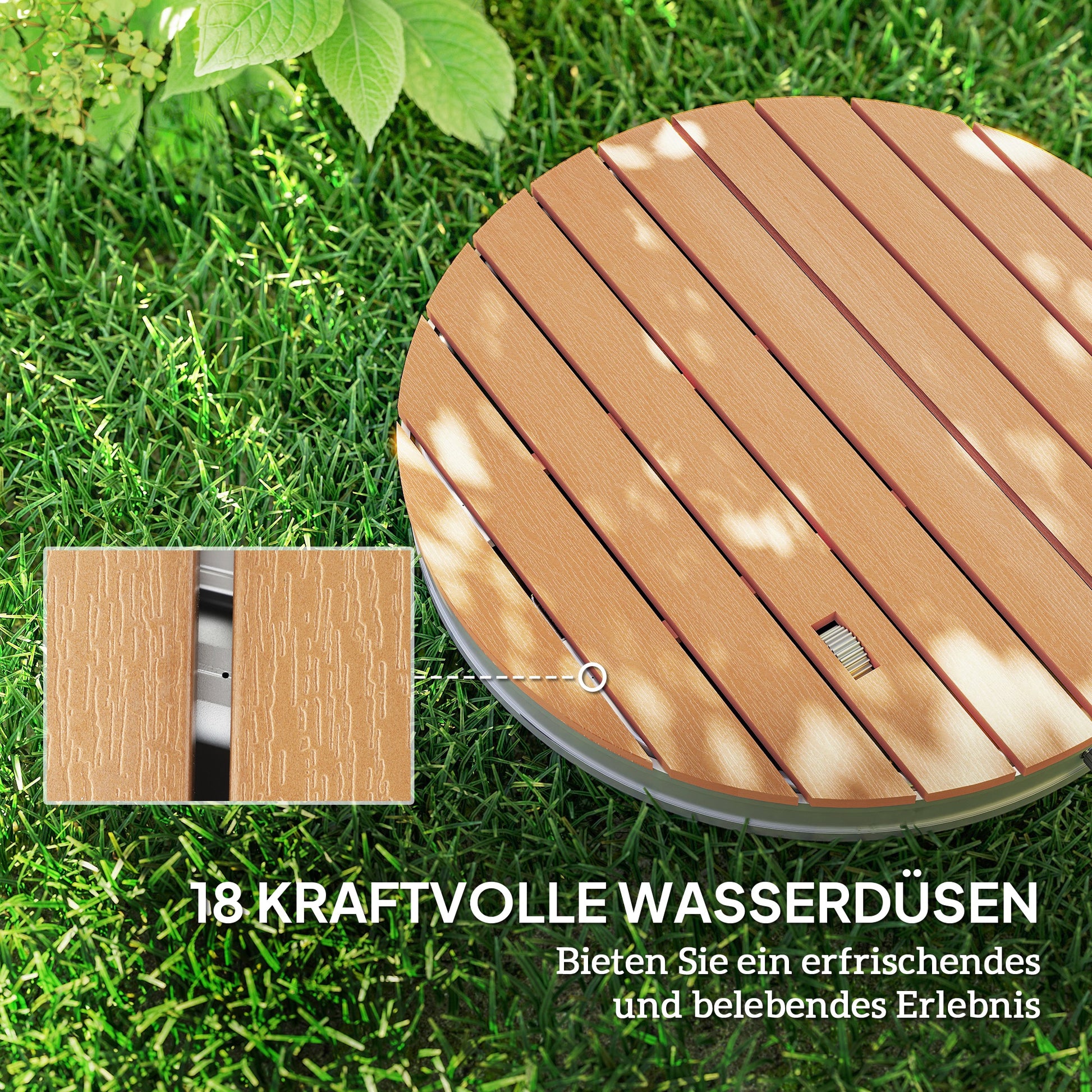 Ground Shower Garden Shower with Adjustable Foot Wheel Aluminum Outdoor Shower Up to 4m Fountain Height Ø70.5cm Sauna Shower Wood Look Non-slip Weatherproof Outdoor Camping Shower for Pool Sauna