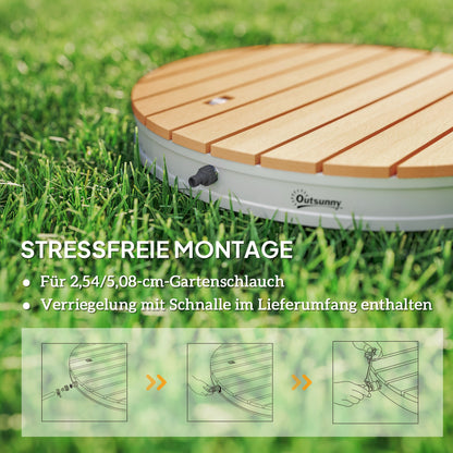 Ground Shower Garden Shower with Adjustable Foot Wheel Aluminum Outdoor Shower Up to 4m Fountain Height Ø70.5cm Sauna Shower Wood Look Non-slip Weatherproof Outdoor Camping Shower for Pool Sauna