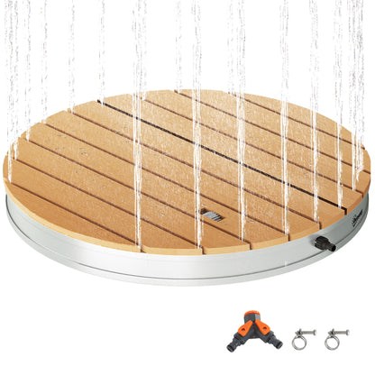 Ground Shower Garden Shower with Adjustable Foot Wheel Aluminum Outdoor Shower Up to 4m Fountain Height Ø70.5cm Sauna Shower Wood Look Non-slip Weatherproof Outdoor Camping Shower for Pool Sauna