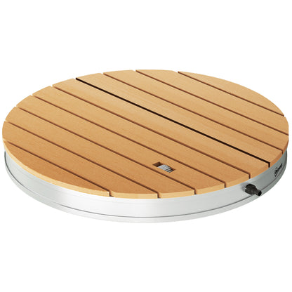 Ground Shower Garden Shower with Adjustable Foot Wheel Aluminum Outdoor Shower Up to 4m Fountain Height Ø70.5cm Sauna Shower Wood Look Non-slip Weatherproof Outdoor Camping Shower for Pool Sauna