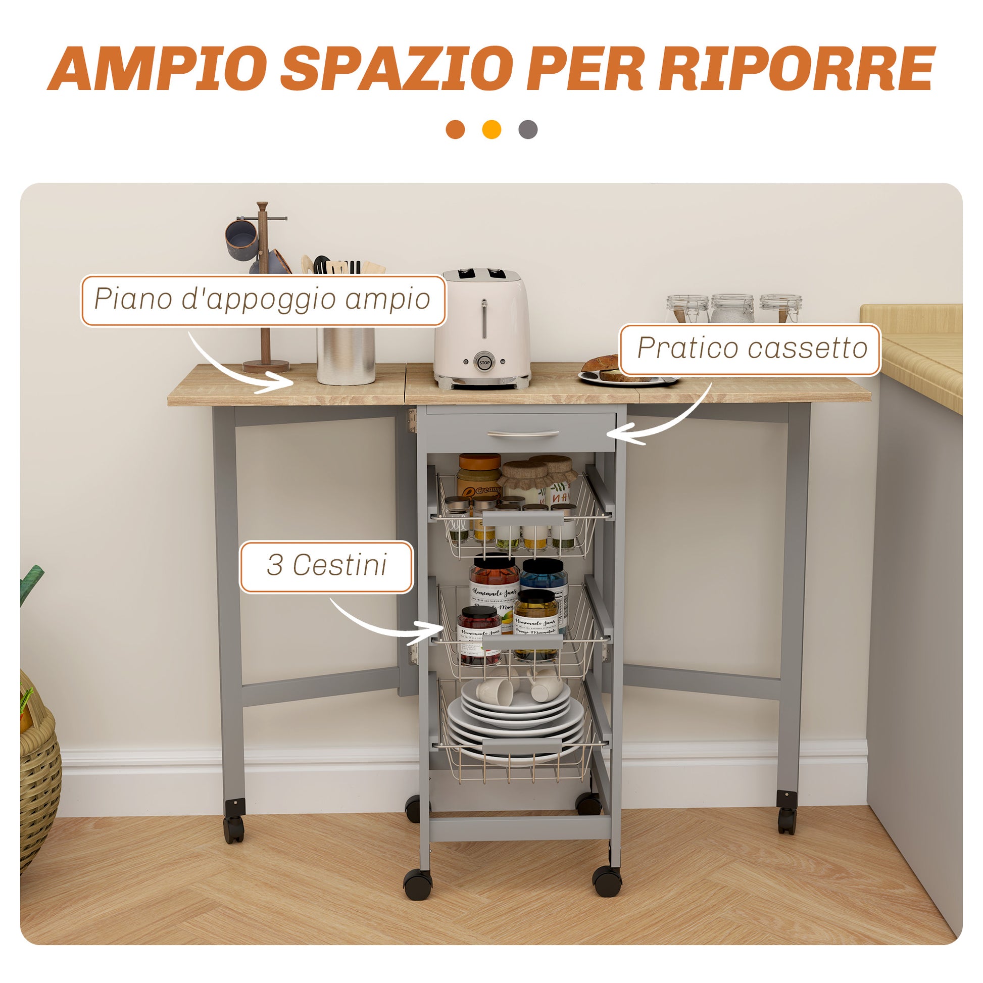 Folding Serving Cart with 6 Wheels, 3 Baskets, Drawer, and 2 Drop-Leaf Extensions, Kitchen Trolley in MDF and Metal, 37x37x77.5 cm, Gray and Oak