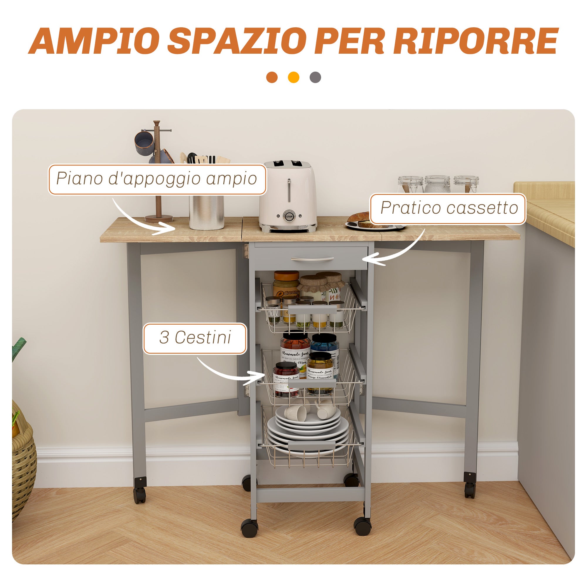 Folding Serving Cart with 6 Wheels, 3 Baskets, Drawer, and 2 Drop-Leaf Extensions, Kitchen Trolley in MDF and Metal, 37x37x77.5 cm, Gray and Oak